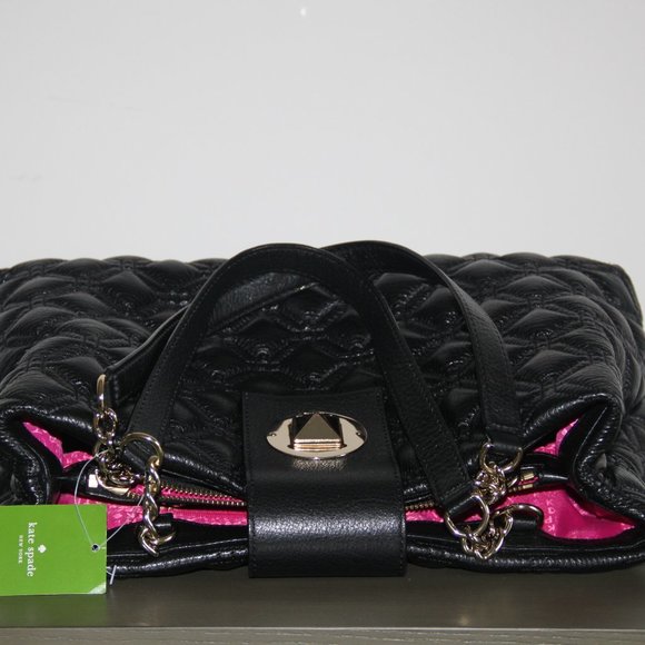 KATE SPADE Large Quilted Black Leather Satchel Gold Turn Lock Chain Handles Bag - Picture 6 of 11